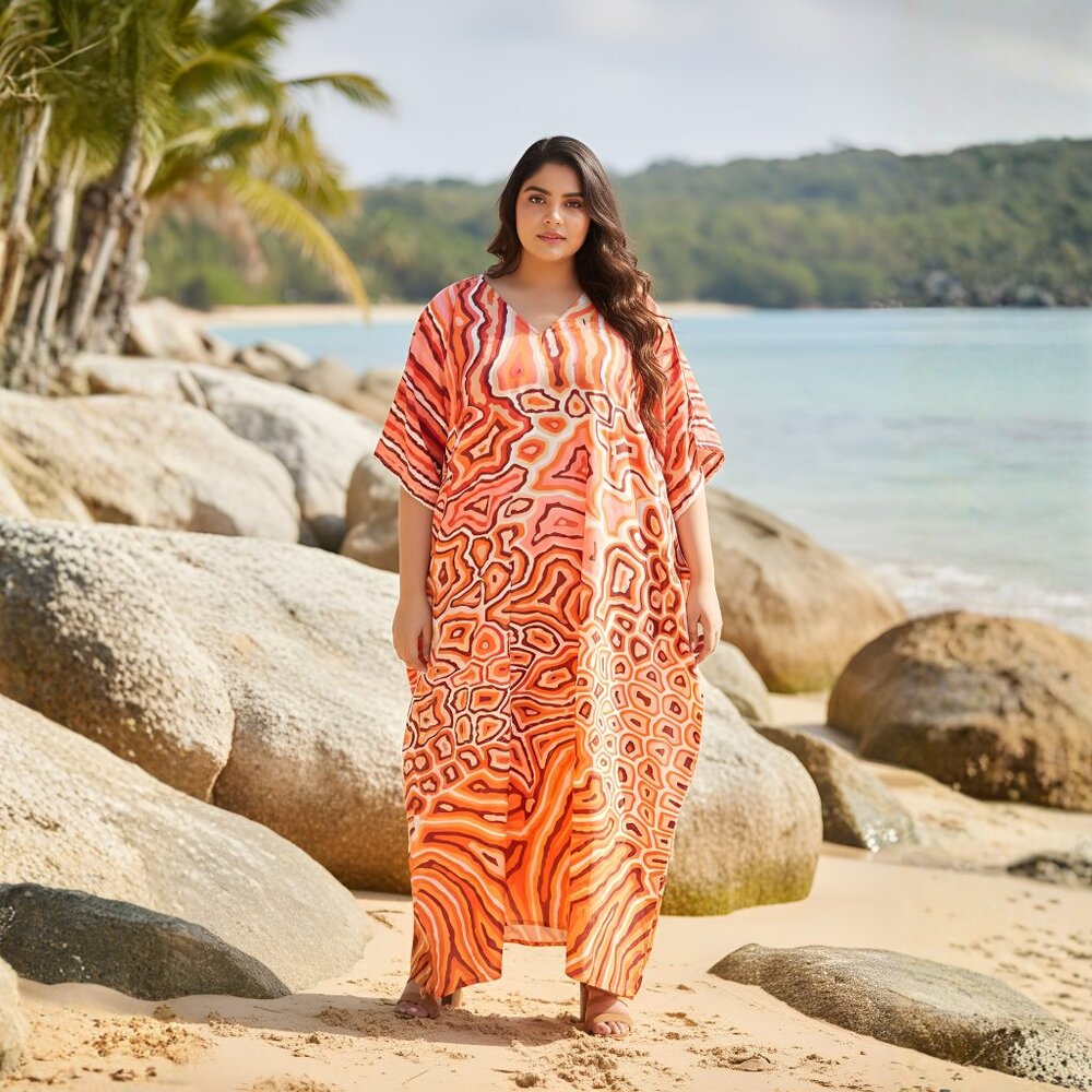 Gypsie Blu Women Polyester Orange Abstract Printed Caftan Dress Stylish Maxi